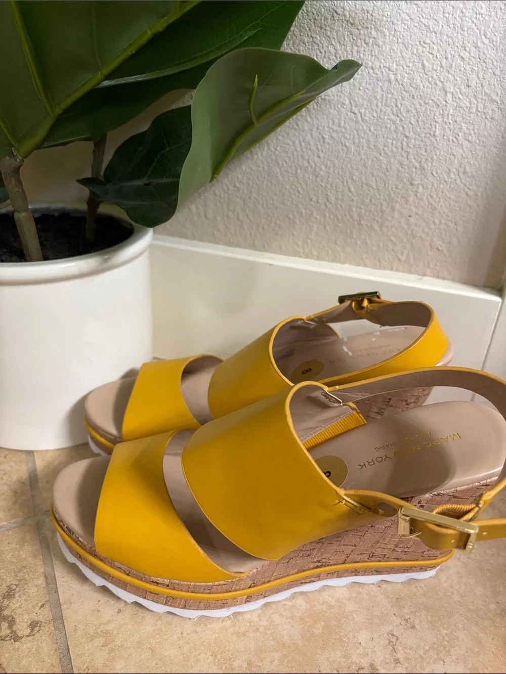 Marc New York Mustard Yellow Wide-Strap Wedge Sandals
